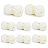 Eight white BATELO chunky chenille yarn skeins arranged on a white background