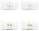Four white BATELO thin chenille yarn skeins with Feel Soft labels on a white background