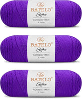 Three purple BATELO medium acrylic yarn skeins with white labels on a white background