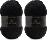 Two black BATELO light acrylic yarn skeins with branded bands on a white background