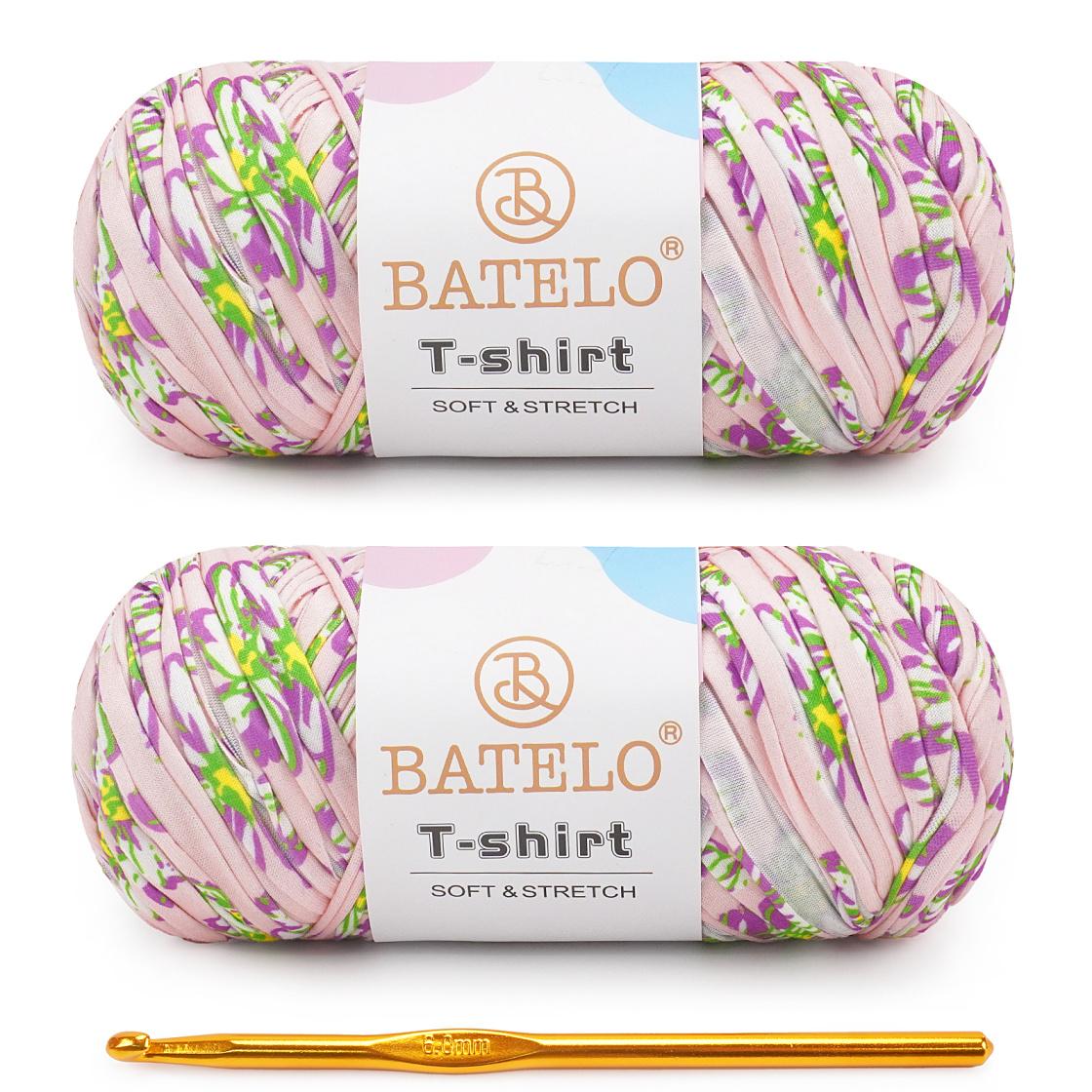 Two green, pink, and lilac variegated BATELO T-shirt yarn skeins with a gold crochet hook on a white background