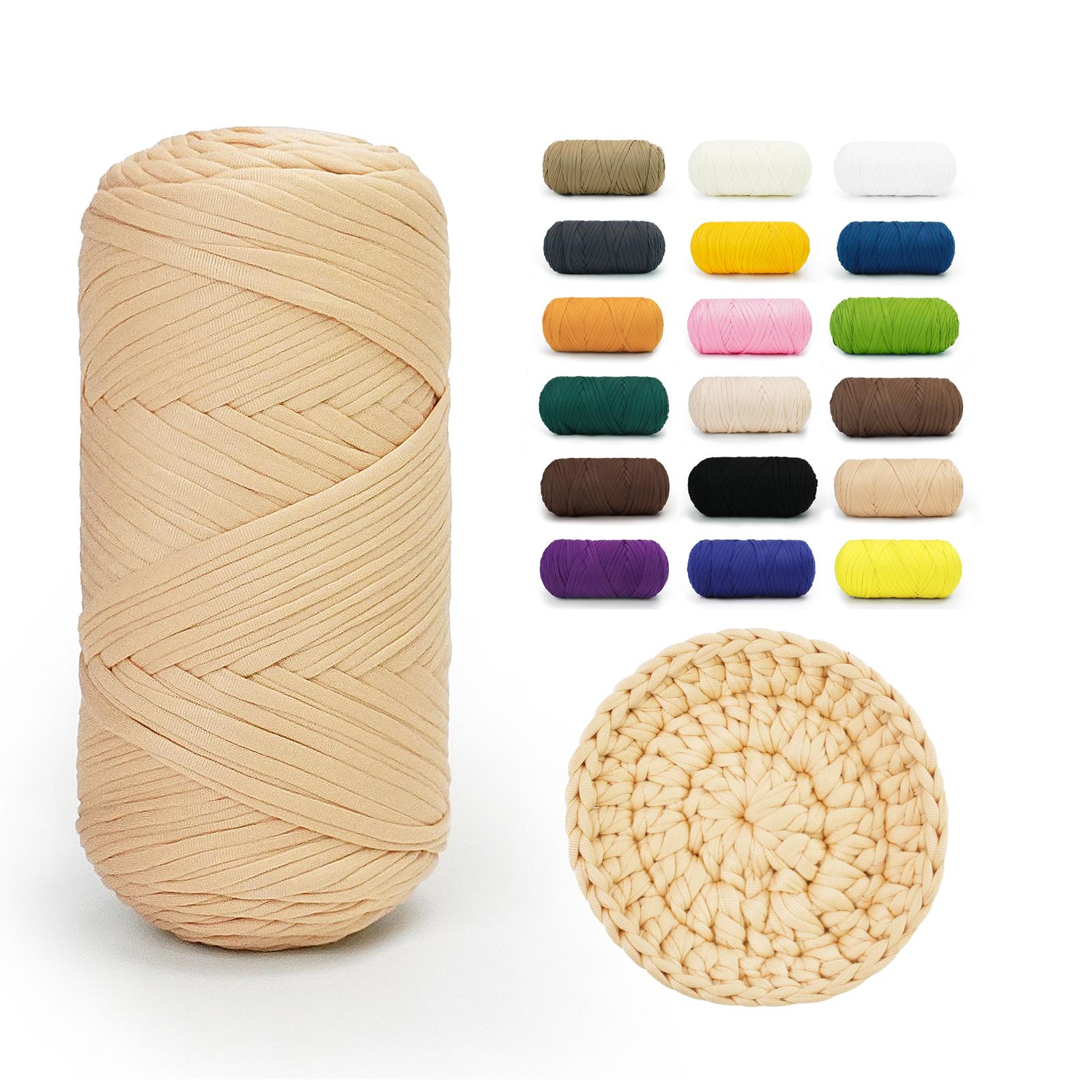 Pale Peach BATELO stretchy T-shirt yarn roll with crochet swatch and color chart