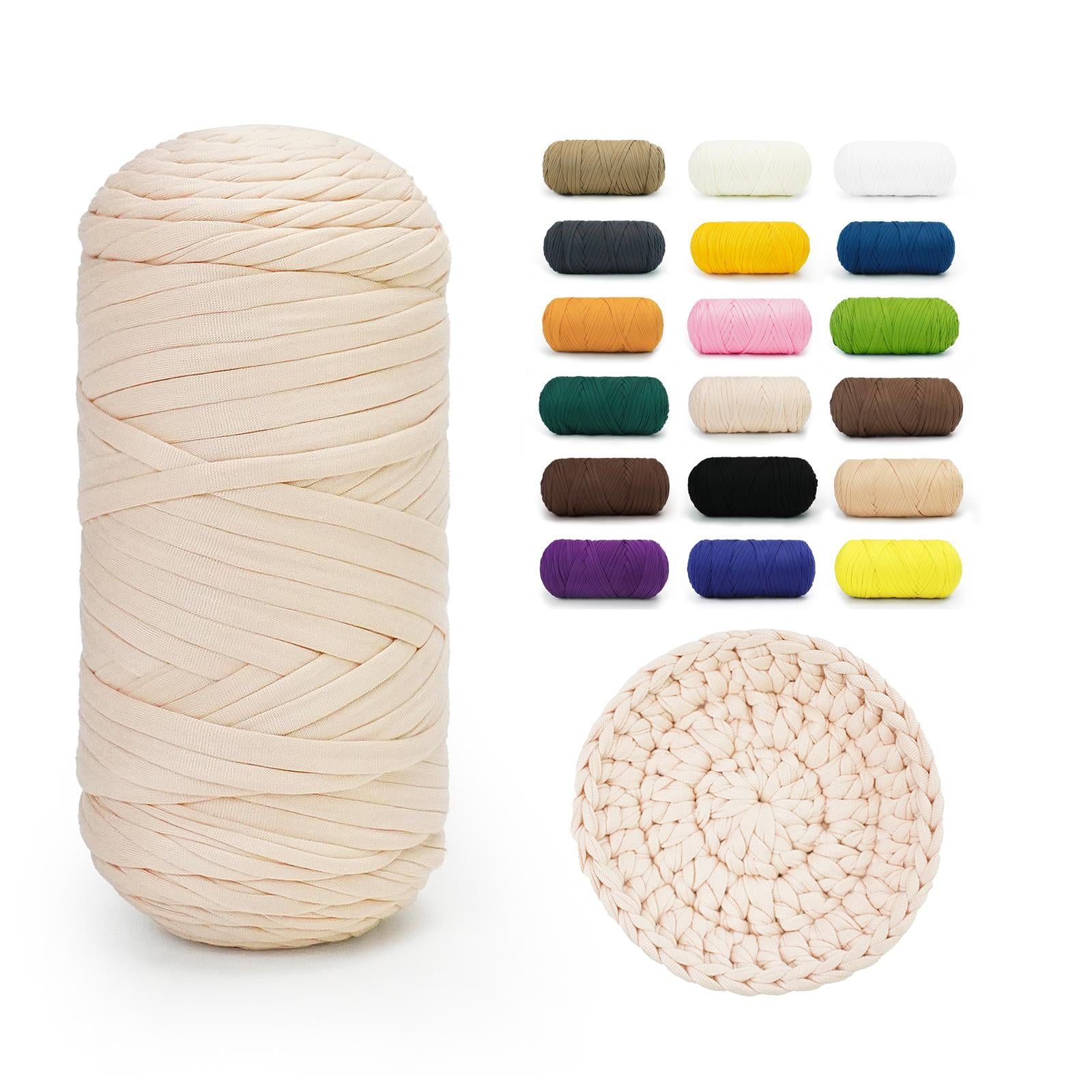 Cream BATELO stretchy T-shirt yarn roll with crochet swatch and color chart