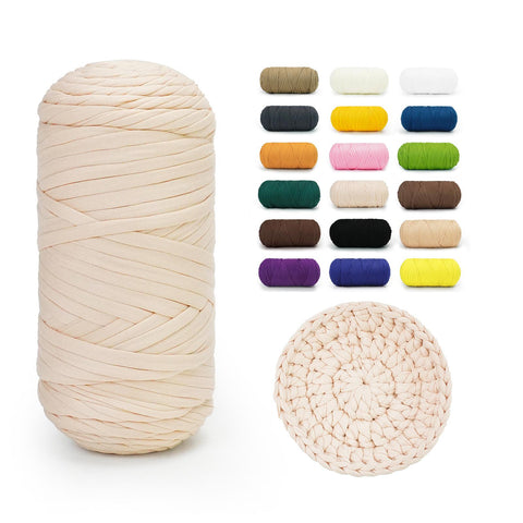 Cream BATELO stretchy T-shirt yarn roll with crochet swatch and color chart