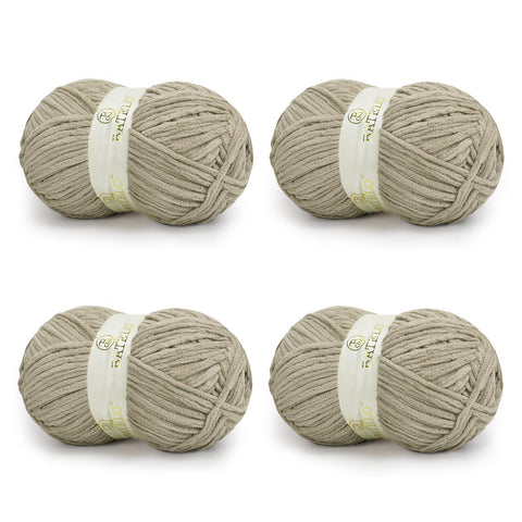 Four taupe BATELO bulky chenille blanket yarn skeins arranged on a white background