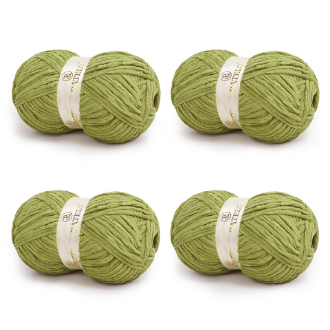 Four olive green BATELO bulky chenille blanket yarn skeins arranged on a white background