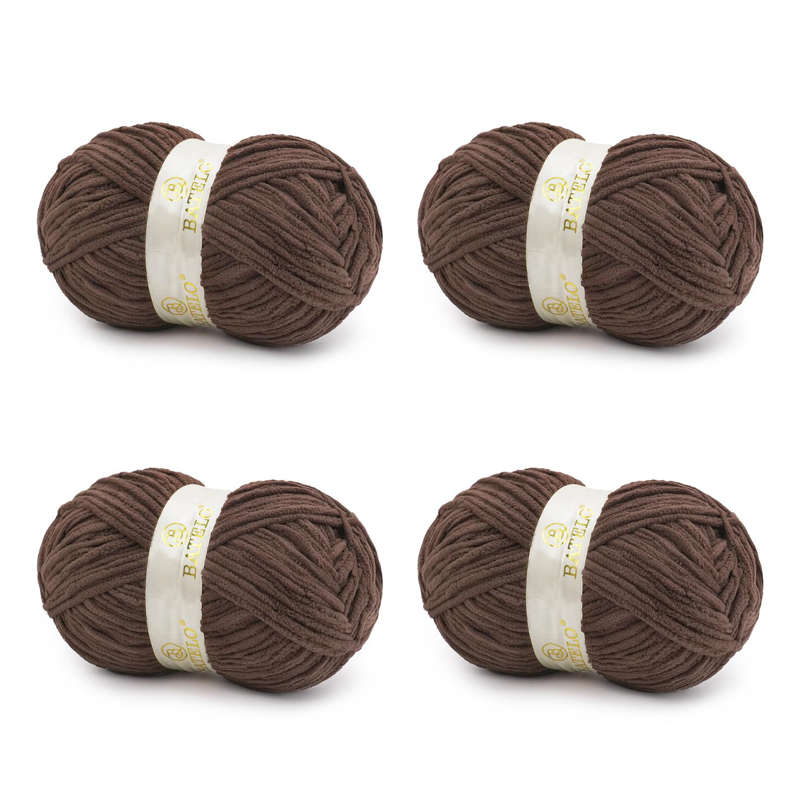 Four brown BATELO bulky chenille blanket yarn skeins arranged on a white background