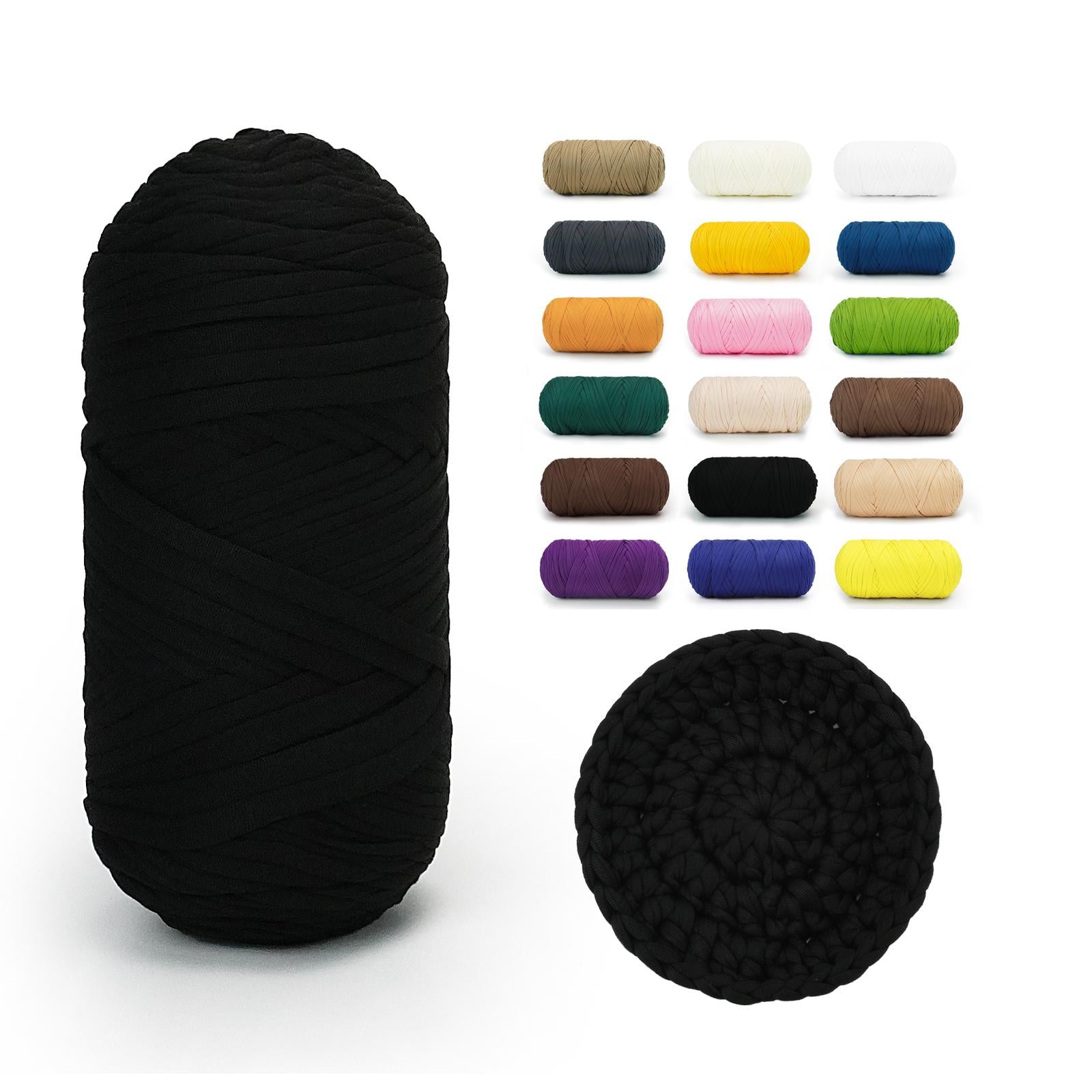 Black BATELO stretchy T-shirt yarn roll with crochet swatch and color chart