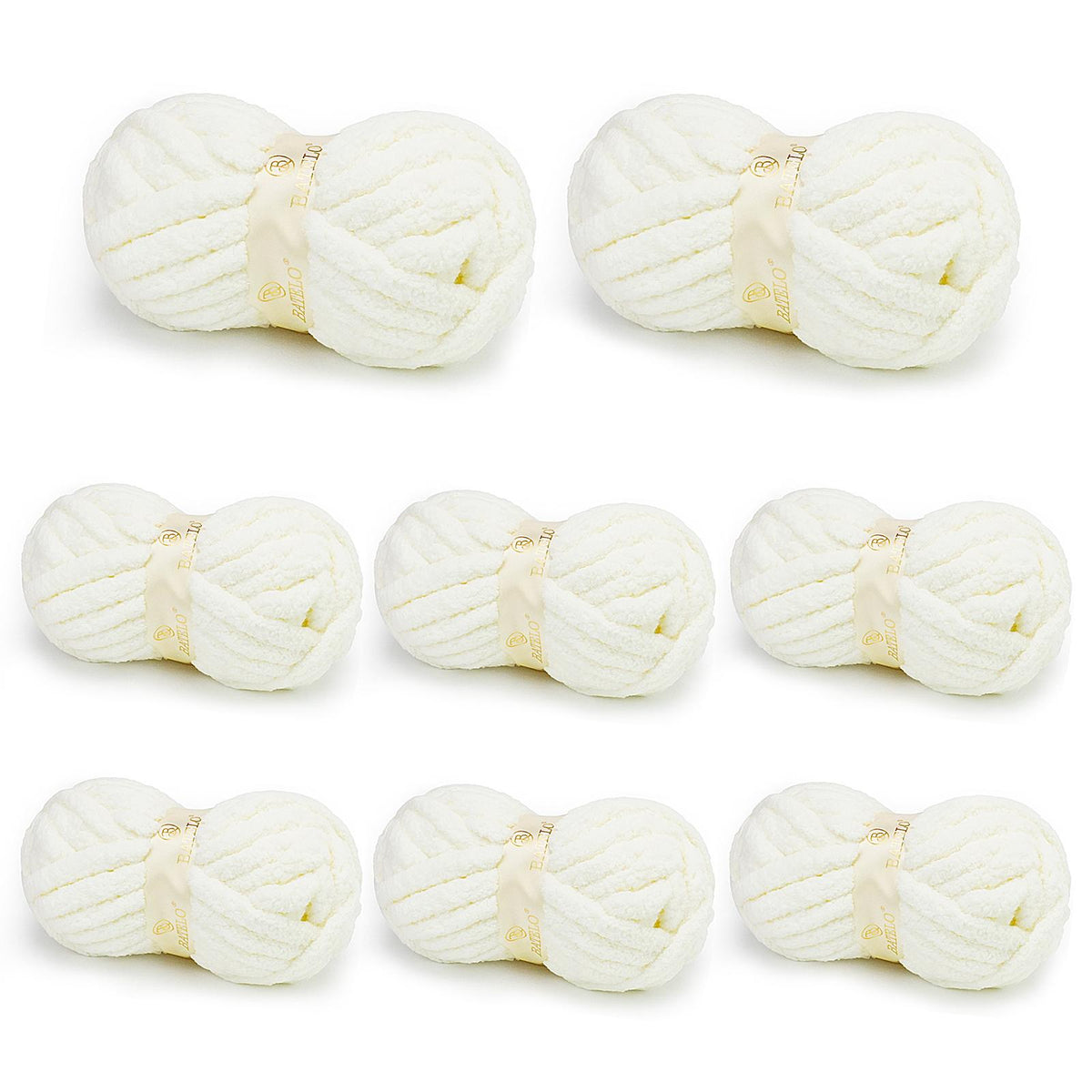 Eight white BATELO chunky chenille yarn skeins arranged on a white background
