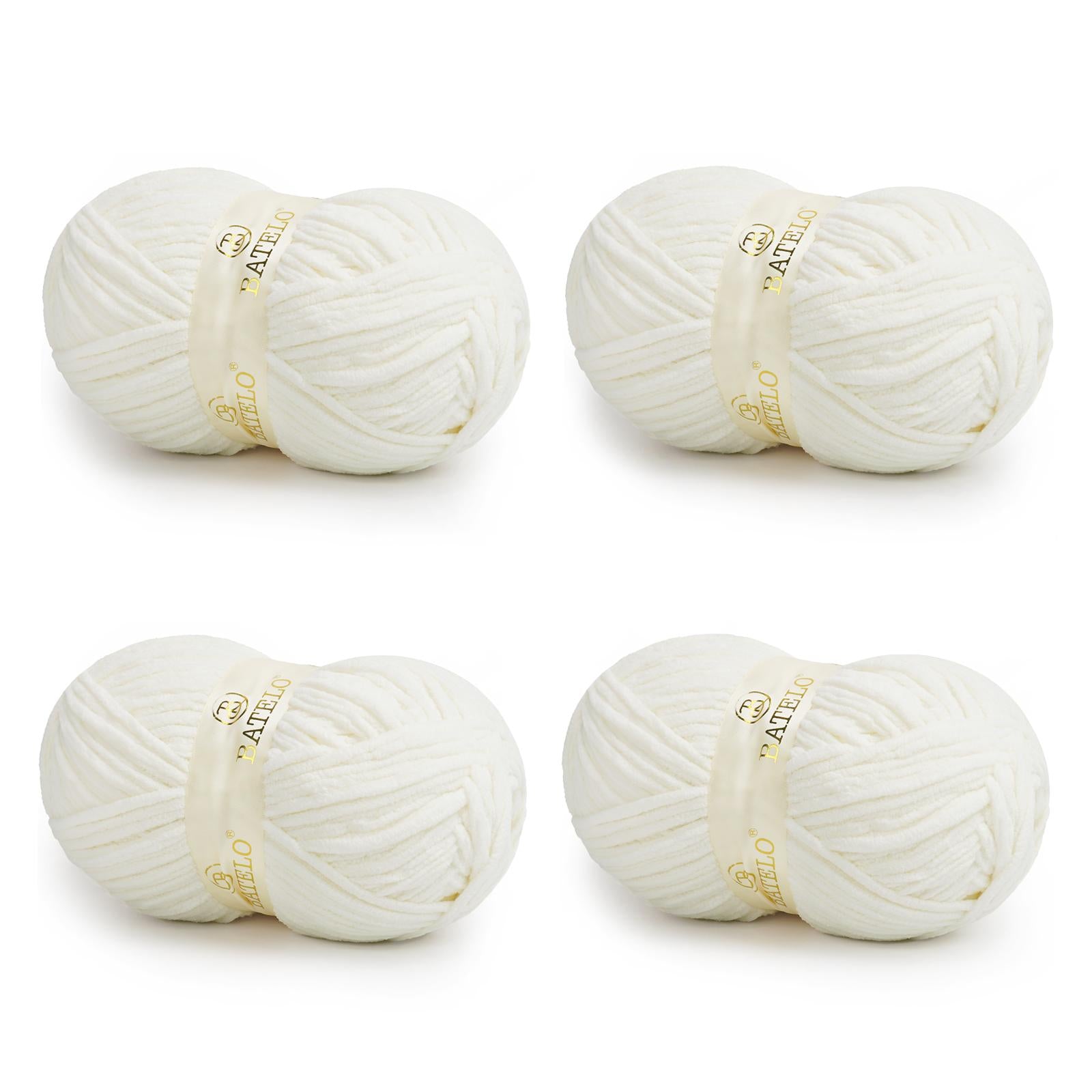 Four white BATELO bulky chenille blanket yarn skeins arranged on a white background
