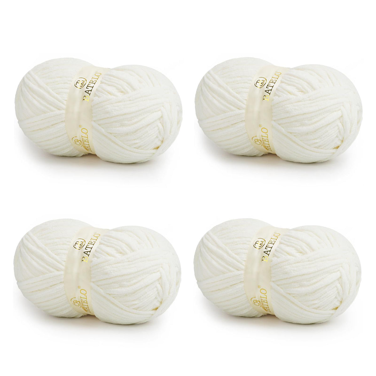 Four white BATELO bulky chenille blanket yarn skeins arranged on a white background