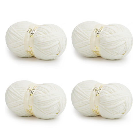 Four white BATELO bulky chenille blanket yarn skeins arranged on a white background