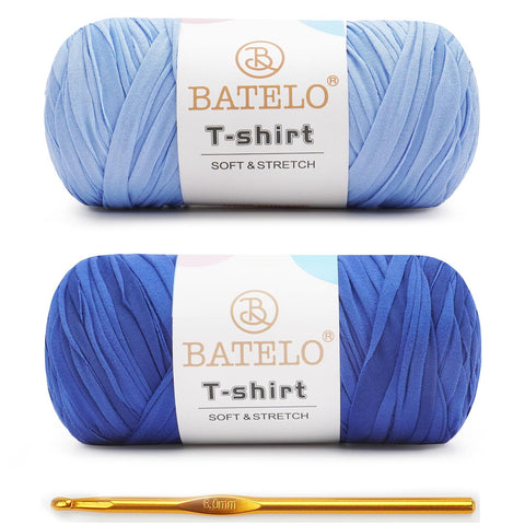 BATELO T-Shirt Yarn 2-Pack with 1 Crochet Hook, Elastic Spaghetti Fabric Yarn for Bags & Baskets, Soft Durable 95% Polyester 5% Spandex Fabric for Home Decor Handicrafts
