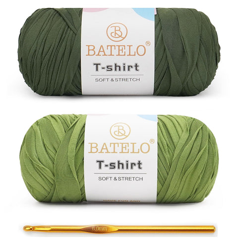 BATELO T-Shirt Yarn 2-Pack with 1 Crochet Hook, Elastic Spaghetti Fabric Yarn for Bags & Baskets, Soft Durable 95% Polyester 5% Spandex Fabric for Home Decor Handicrafts