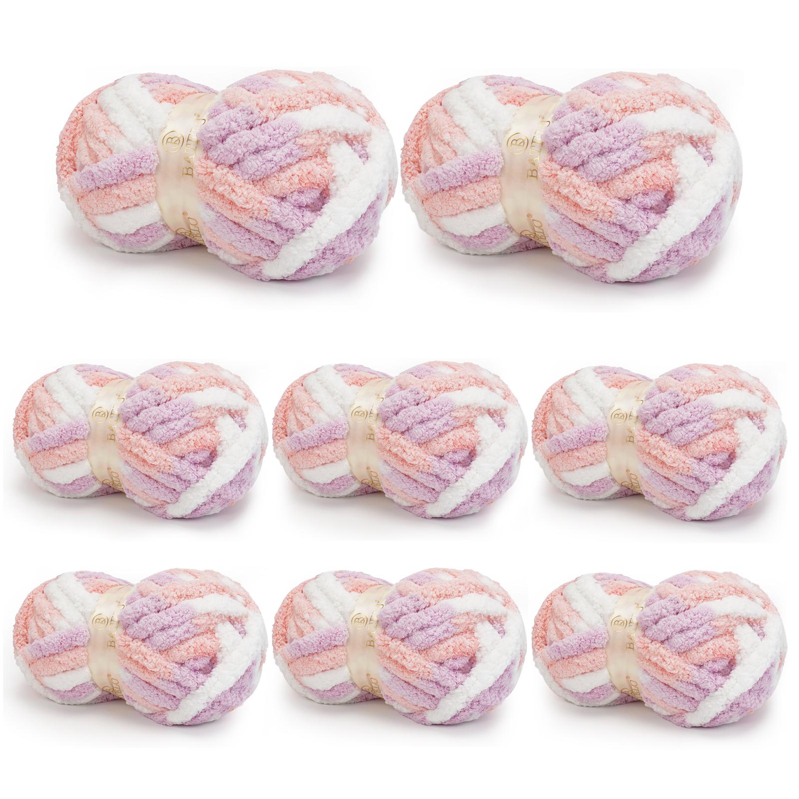 Eight pastel multicolor BATELO chunky chenille yarn skeins arranged on a white background