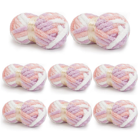 Eight pastel multicolor BATELO chunky chenille yarn skeins arranged on a white background