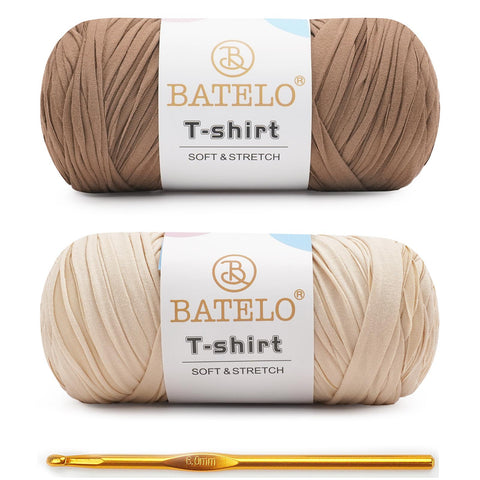 BATELO T-Shirt Yarn 2-Pack with 1 Crochet Hook, Elastic Spaghetti Fabric Yarn for Bags & Baskets, Soft Durable 95% Polyester 5% Spandex Fabric for Home Decor Handicrafts