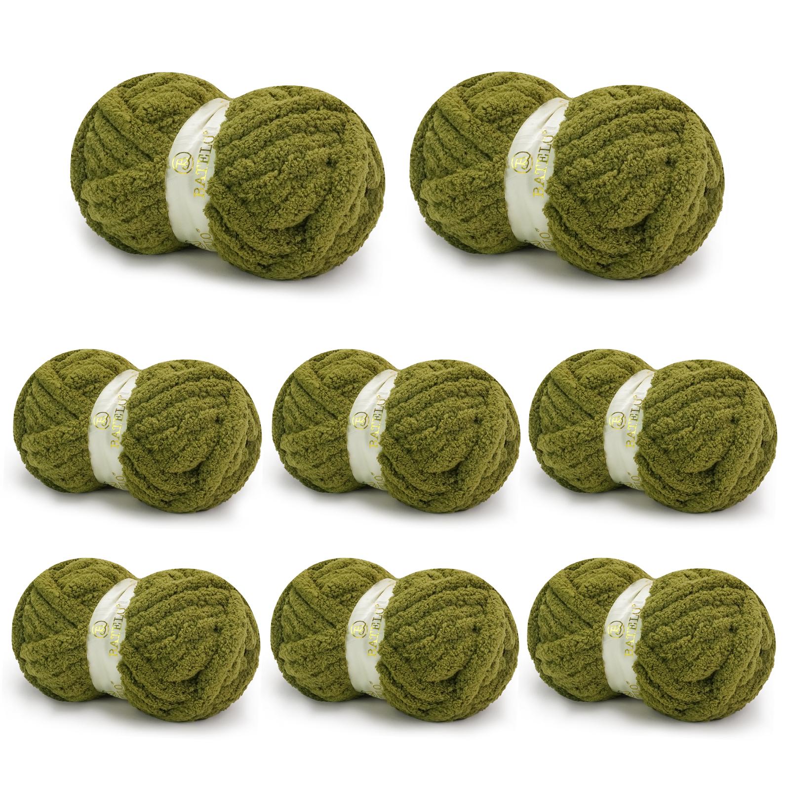 Eight olive green BATELO chunky chenille yarn skeins arranged on a white background