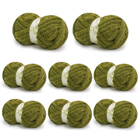 Eight olive green BATELO chunky chenille yarn skeins arranged on a white background