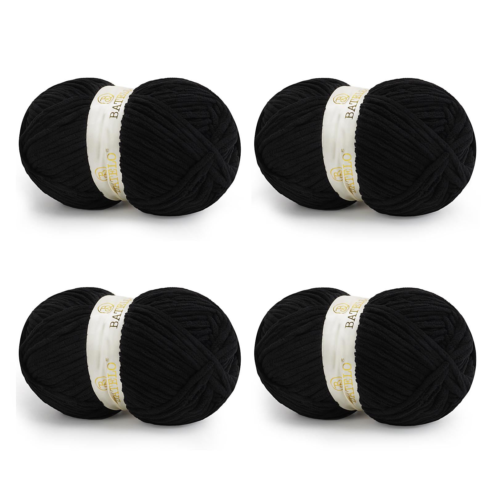 Four black BATELO bulky chenille blanket yarn skeins arranged on a white background