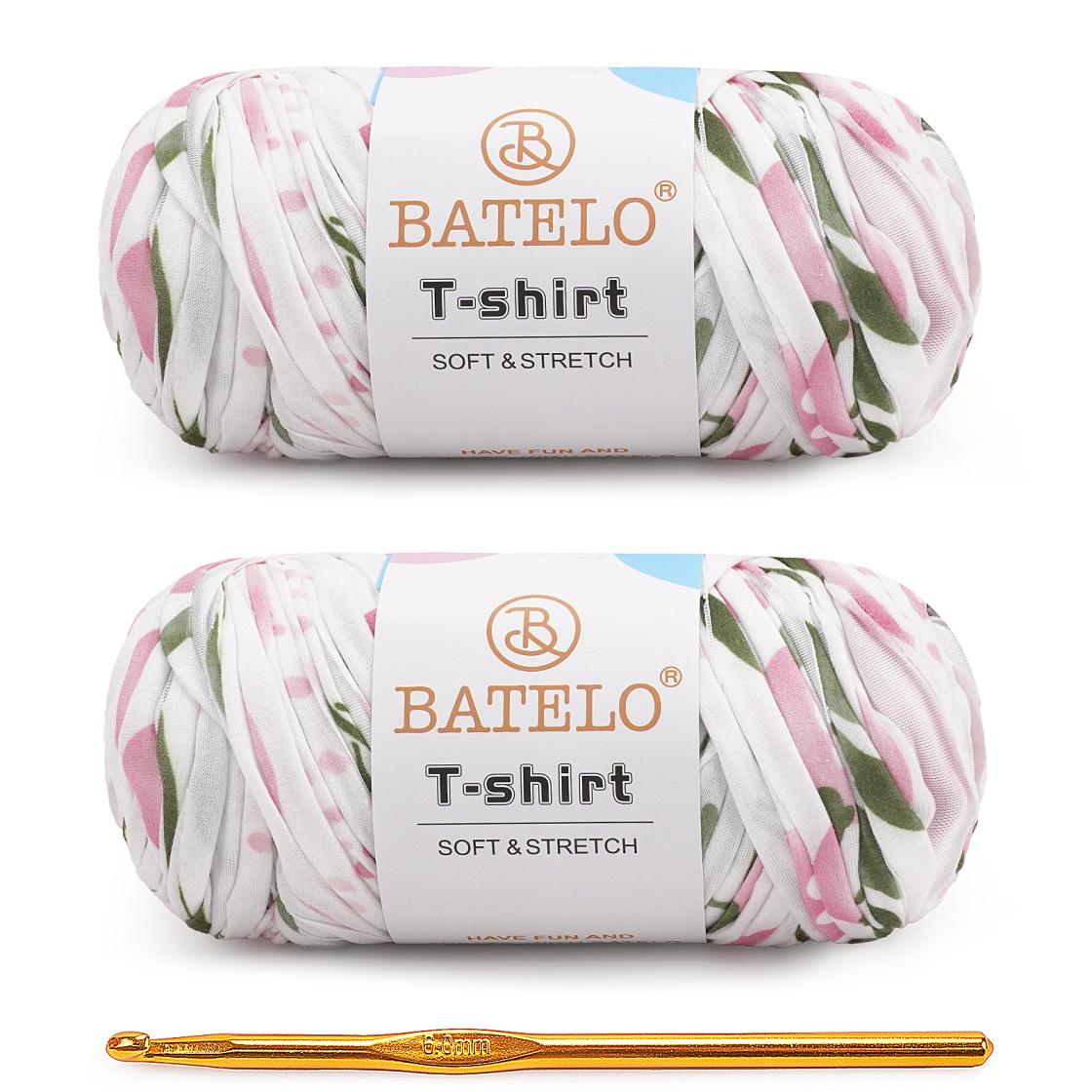 Two white, pink, and green variegated BATELO T-shirt yarn skeins with a gold crochet hook on a white background