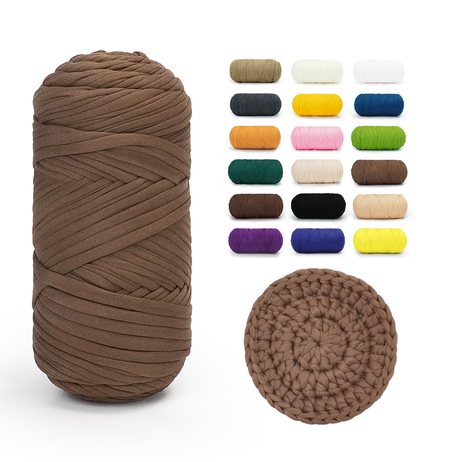 Brown BATELO stretchy T-shirt yarn roll with crochet swatch and color chart
