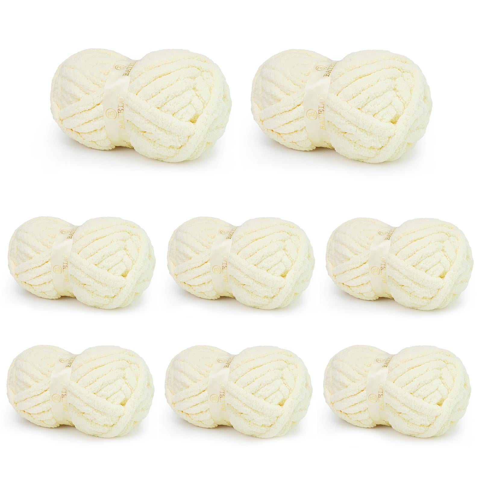 Eight cream BATELO chunky chenille yarn skeins arranged in rows on a white background