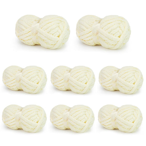 Eight cream BATELO chunky chenille yarn skeins arranged in rows on a white background