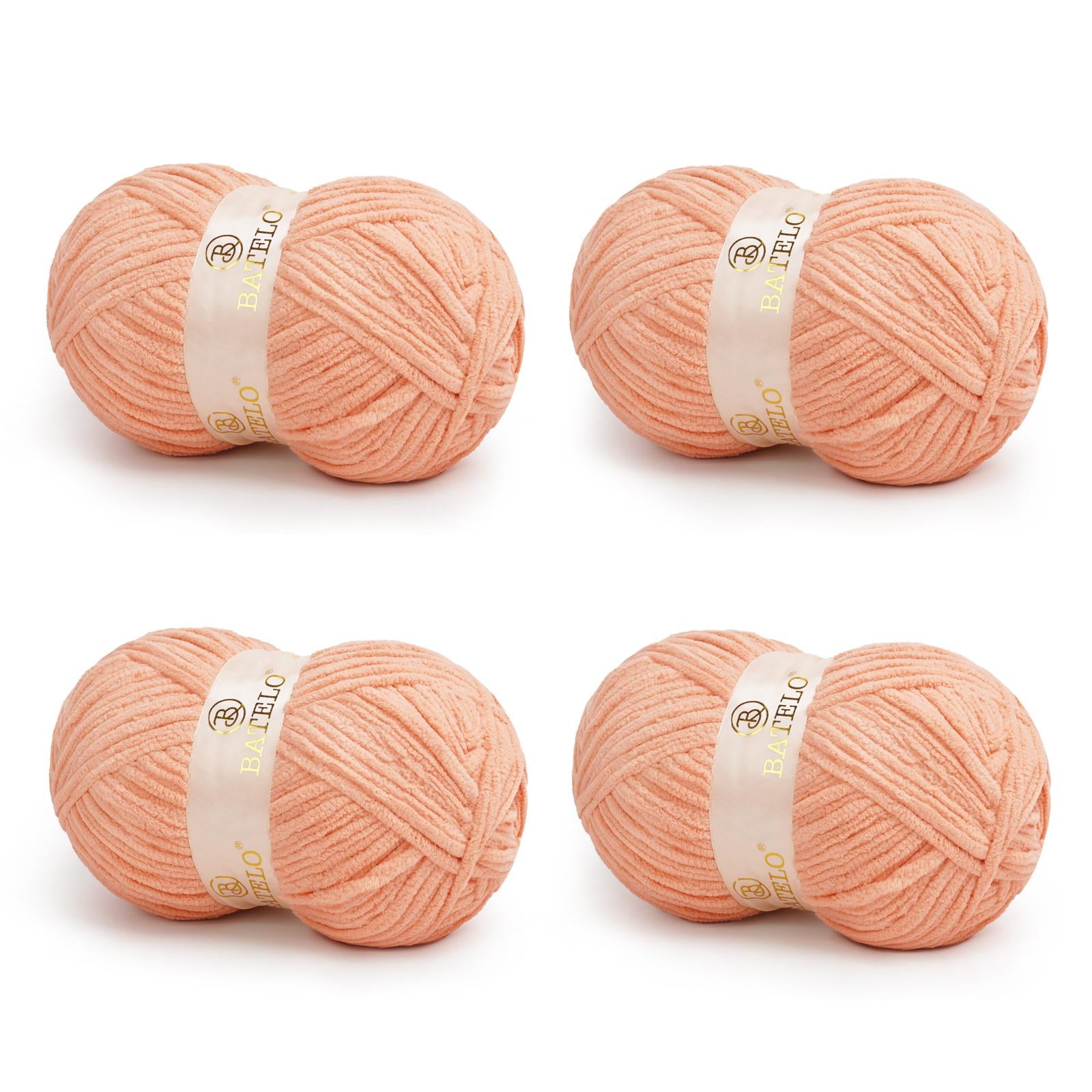 Four peach BATELO bulky chenille blanket yarn skeins arranged on a white background