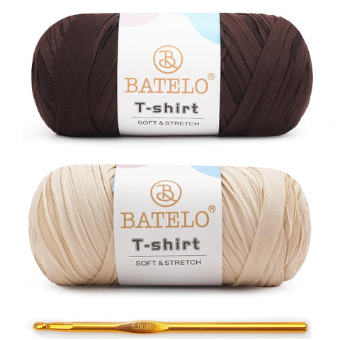 BATELO T-Shirt Yarn 2-Pack with 1 Crochet Hook, Elastic Spaghetti Fabric Yarn for Bags & Baskets, Soft Durable 95% Polyester 5% Spandex Fabric for Home Decor Handicrafts