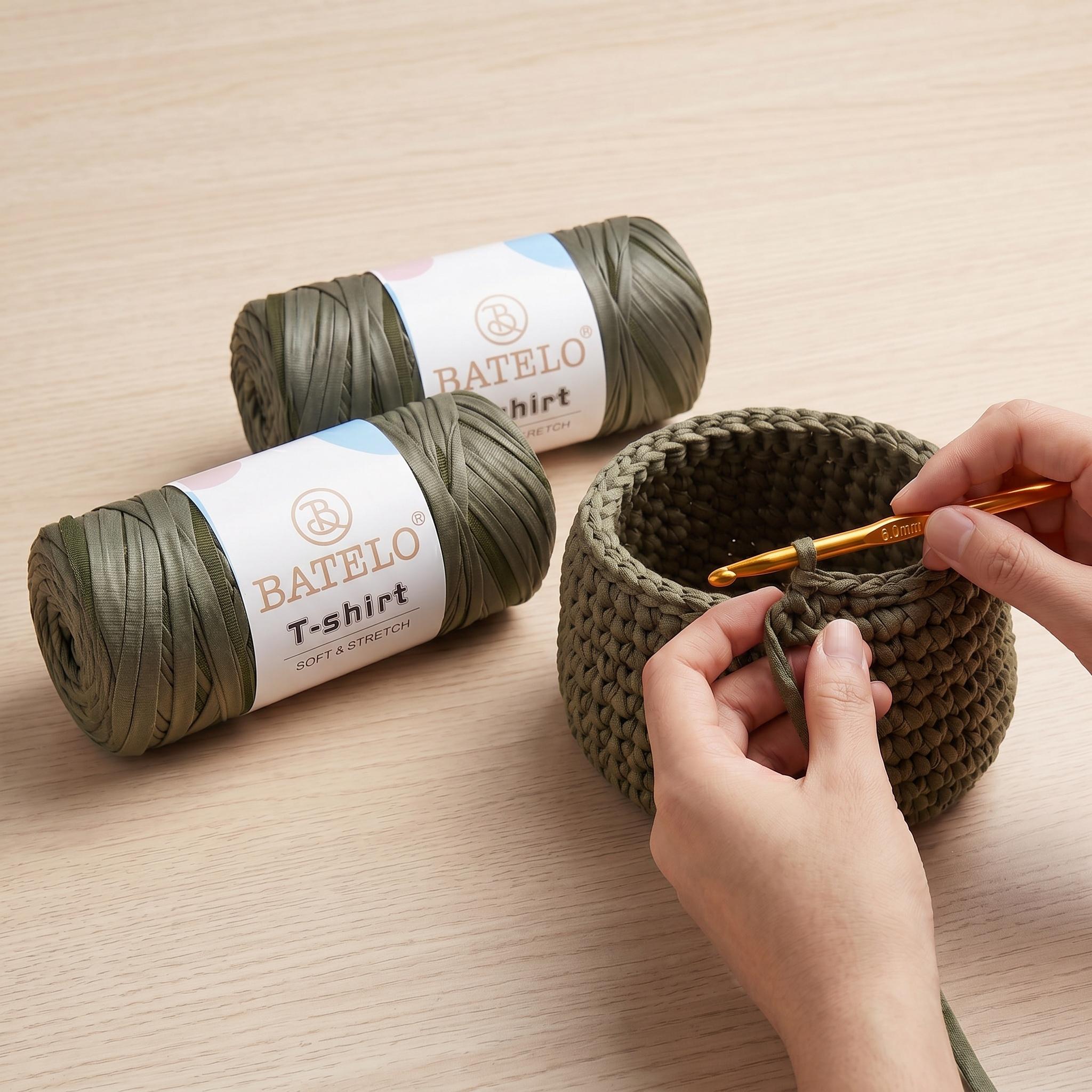BATELO olive green thick polyester yarn balls with crocheted basket project