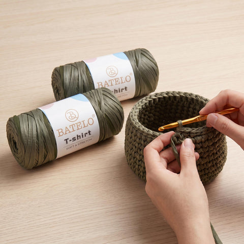 BATELO olive green thick polyester yarn balls with crocheted basket project