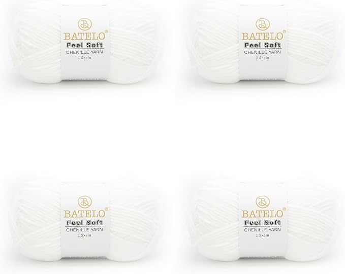 Four white BATELO thin chenille yarn skeins with Feel Soft labels on a white background