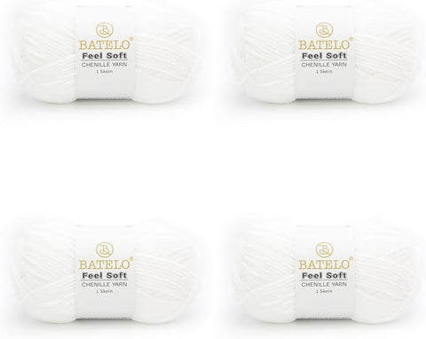 Four white BATELO thin chenille yarn skeins with Feel Soft labels on a white background
