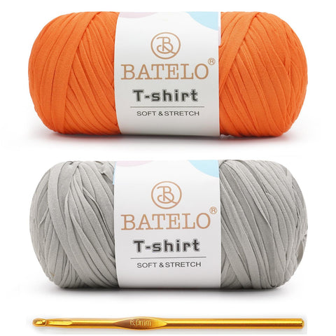 BATELO T-Shirt Yarn 2-Pack with 1 Crochet Hook, Elastic Spaghetti Fabric Yarn for Bags & Baskets, Soft Durable 95% Polyester 5% Spandex Fabric for Home Decor Handicrafts