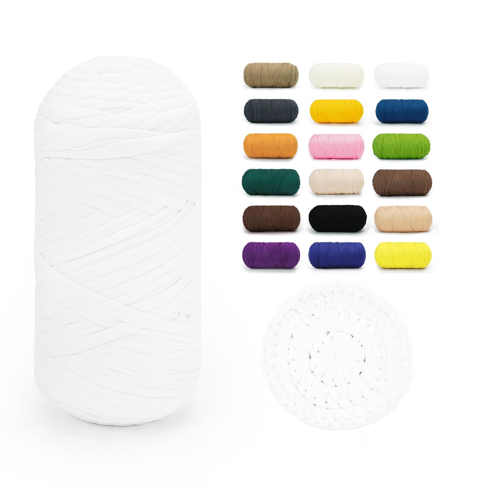 White BATELO stretchy T-shirt yarn roll with crochet swatch and color chart