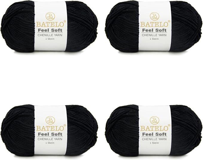Four black BATELO thin chenille yarn skeins with Feel Soft labels on a white background