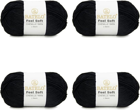 Four black BATELO thin chenille yarn skeins with Feel Soft labels on a white background
