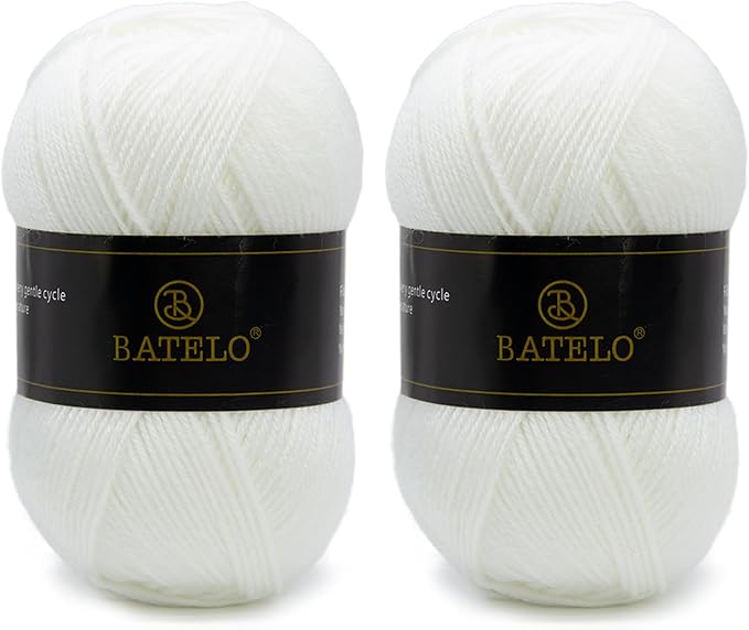Two white BATELO light acrylic yarn skeins with branded bands on a white background