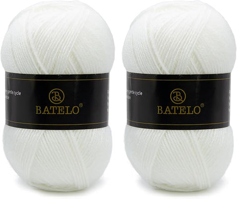 Two white BATELO light acrylic yarn skeins with branded bands on a white background