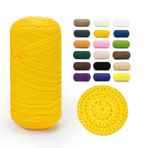 Bright Yellow BATELO stretchy T-shirt yarn roll with crochet swatch and color chart