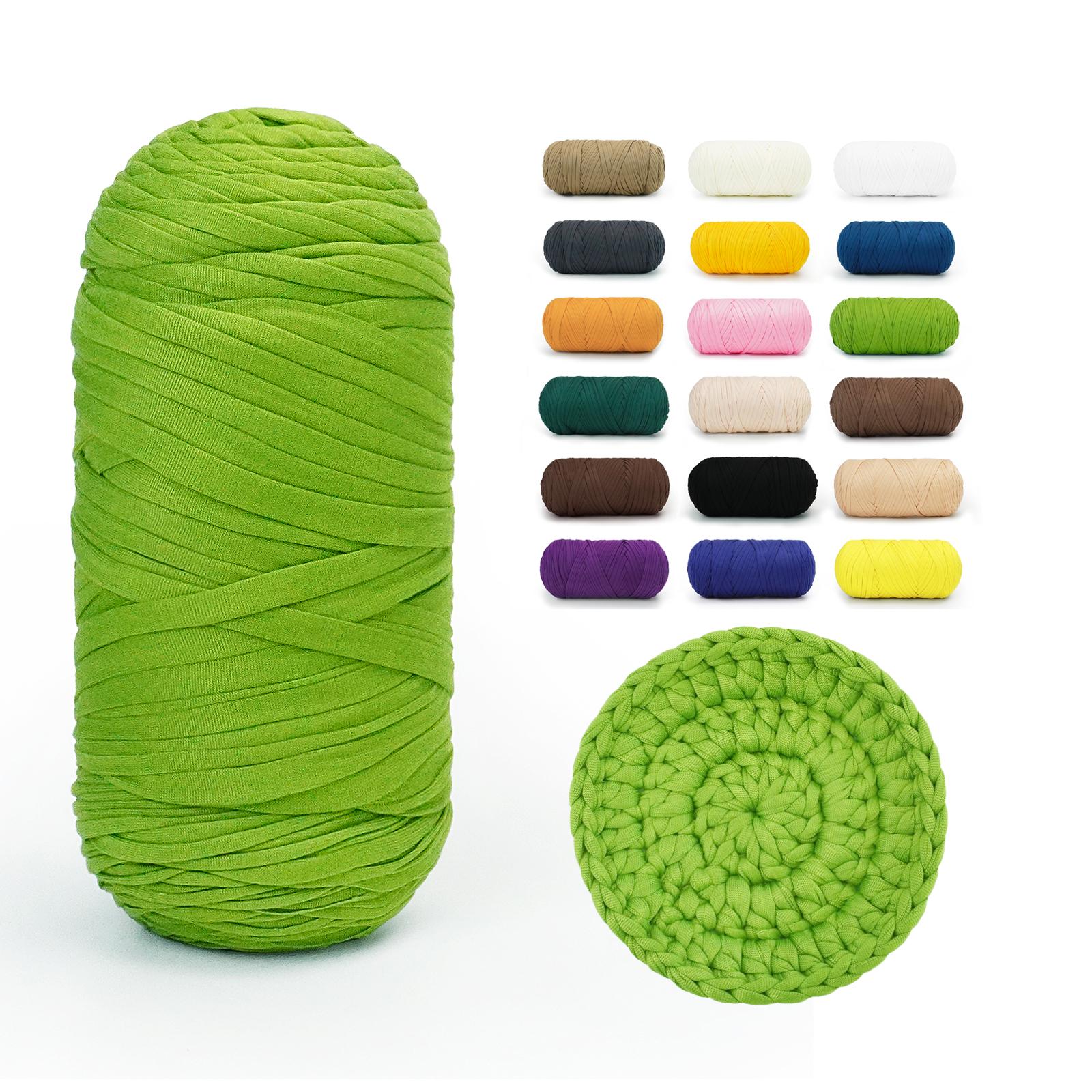 Lime Green BATELO stretchy T-shirt yarn roll with crochet swatch and color chart