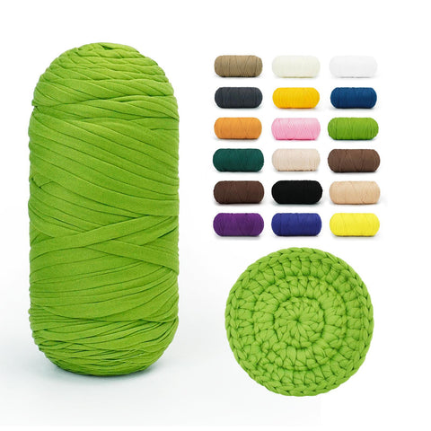 Lime Green BATELO stretchy T-shirt yarn roll with crochet swatch and color chart