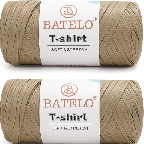 Two khaki BATELO leather-look T-shirt yarn skeins with branded labels on a white background