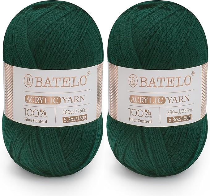 Two dark green BATELO light acrylic yarn skeins with branded bands on a white background