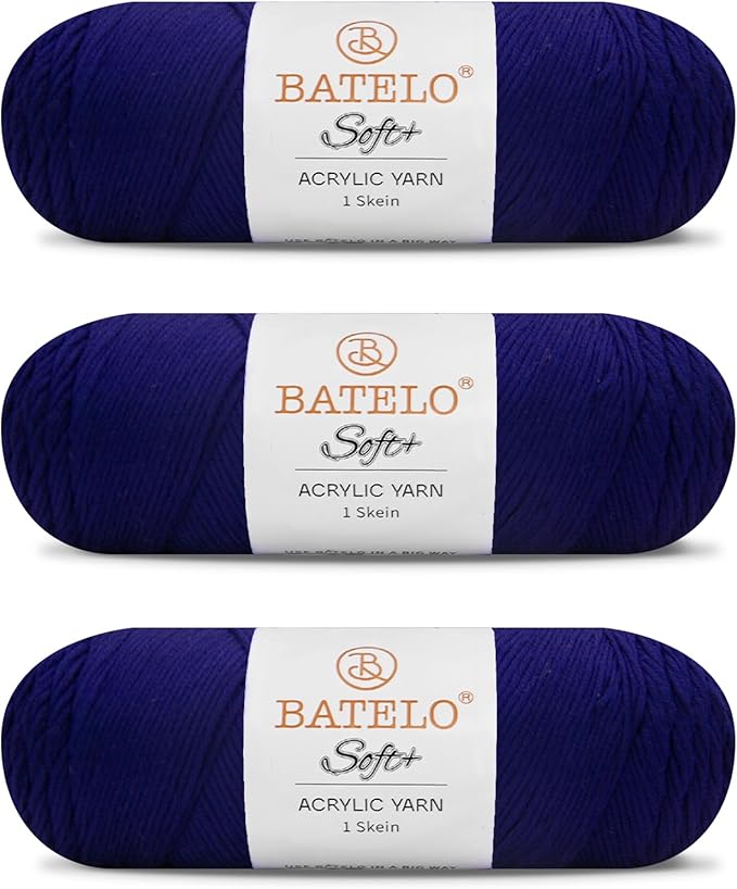Three navy blue BATELO medium acrylic yarn skeins with white labels on a white background