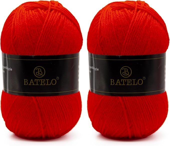 Two red BATELO light acrylic yarn skeins with branded bands on a white background