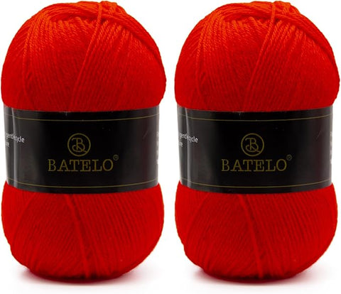 Two red BATELO light acrylic yarn skeins with branded bands on a white background