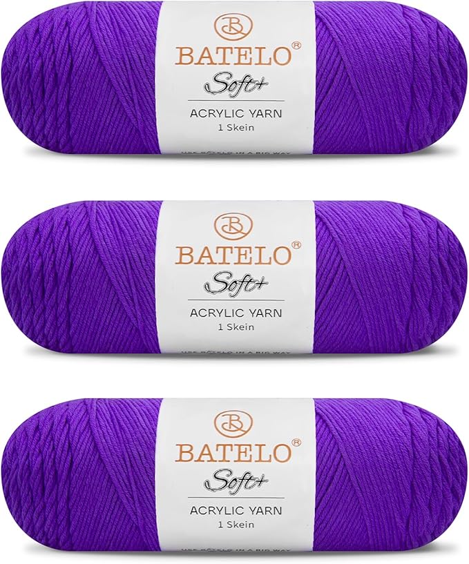Three purple BATELO medium acrylic yarn skeins with white labels on a white background