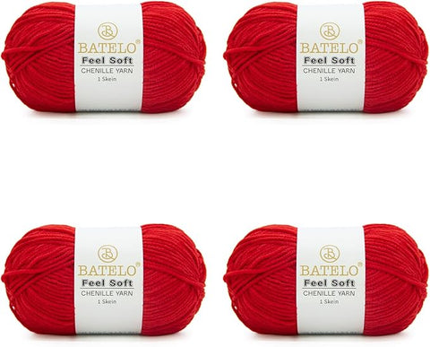 Four red BATELO thin chenille yarn skeins with Feel Soft labels on a white background